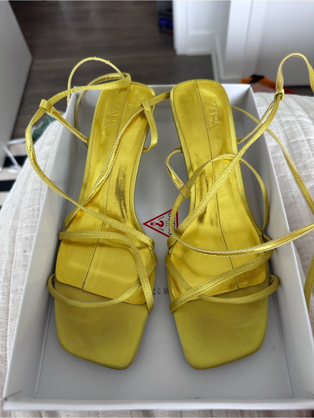 Zara Yellow Satin Heeled Sandals with Wrap Straps